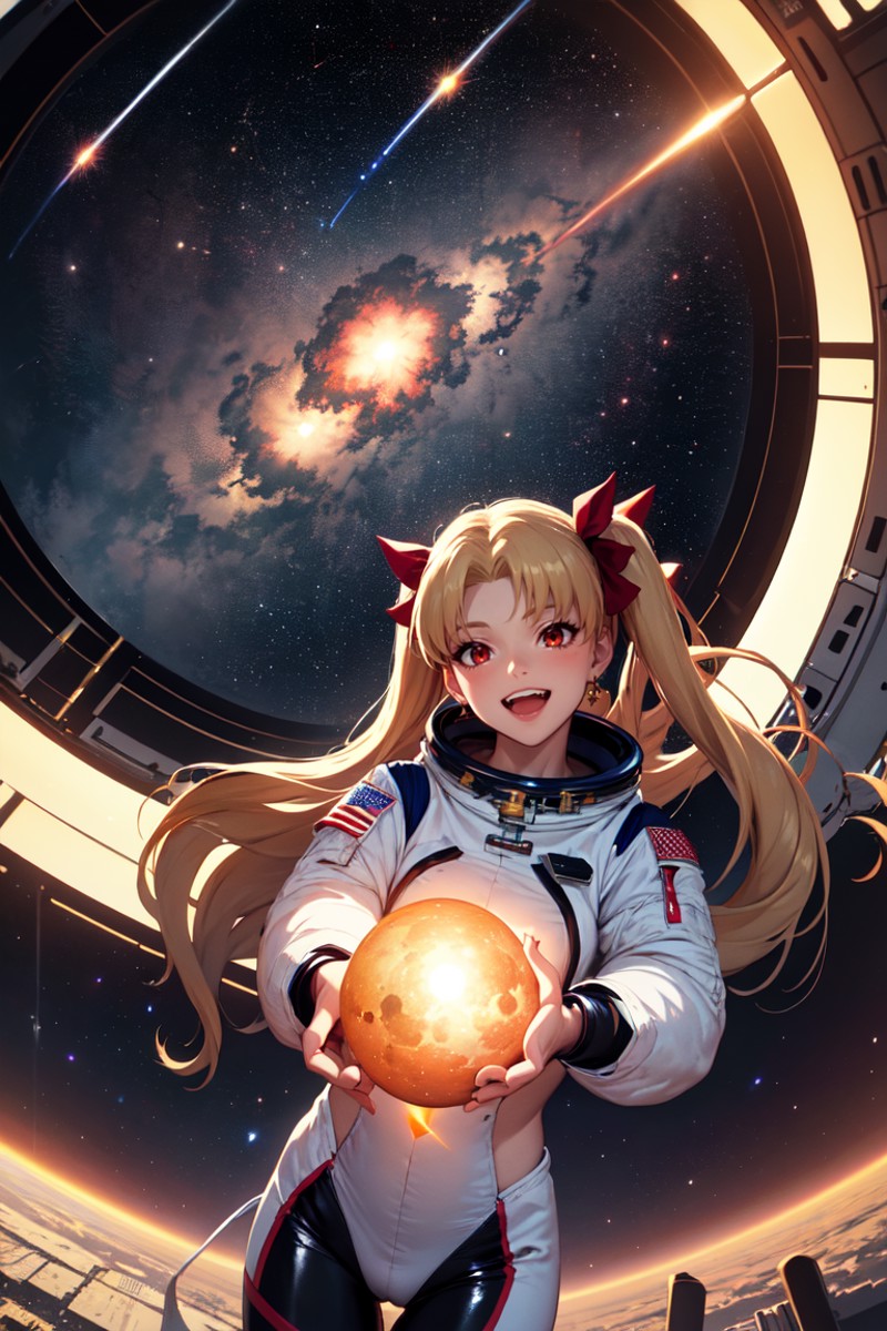 masterpiece, best quality, absurdres, Ereshkigal, two side up, hair ribbon, astronaut suit, dutch angle, wide shot, smile,...